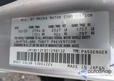 2005 Mazda Mazda3 I from USA, damaged, VIN JM1BK12F851298132